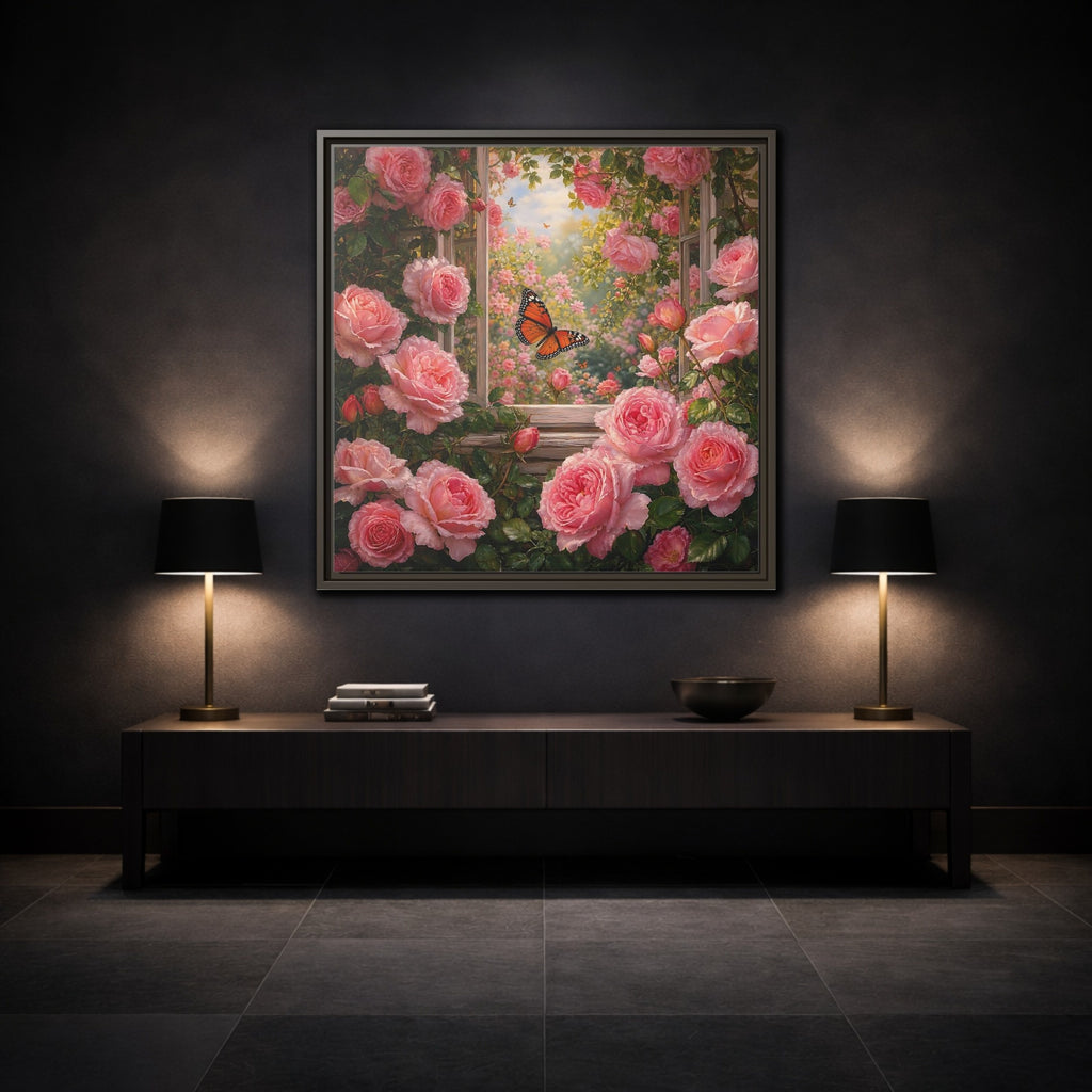 Mockup 3. Floral Pink Roses Pink Rose Garden shown as stretched canvas wall art