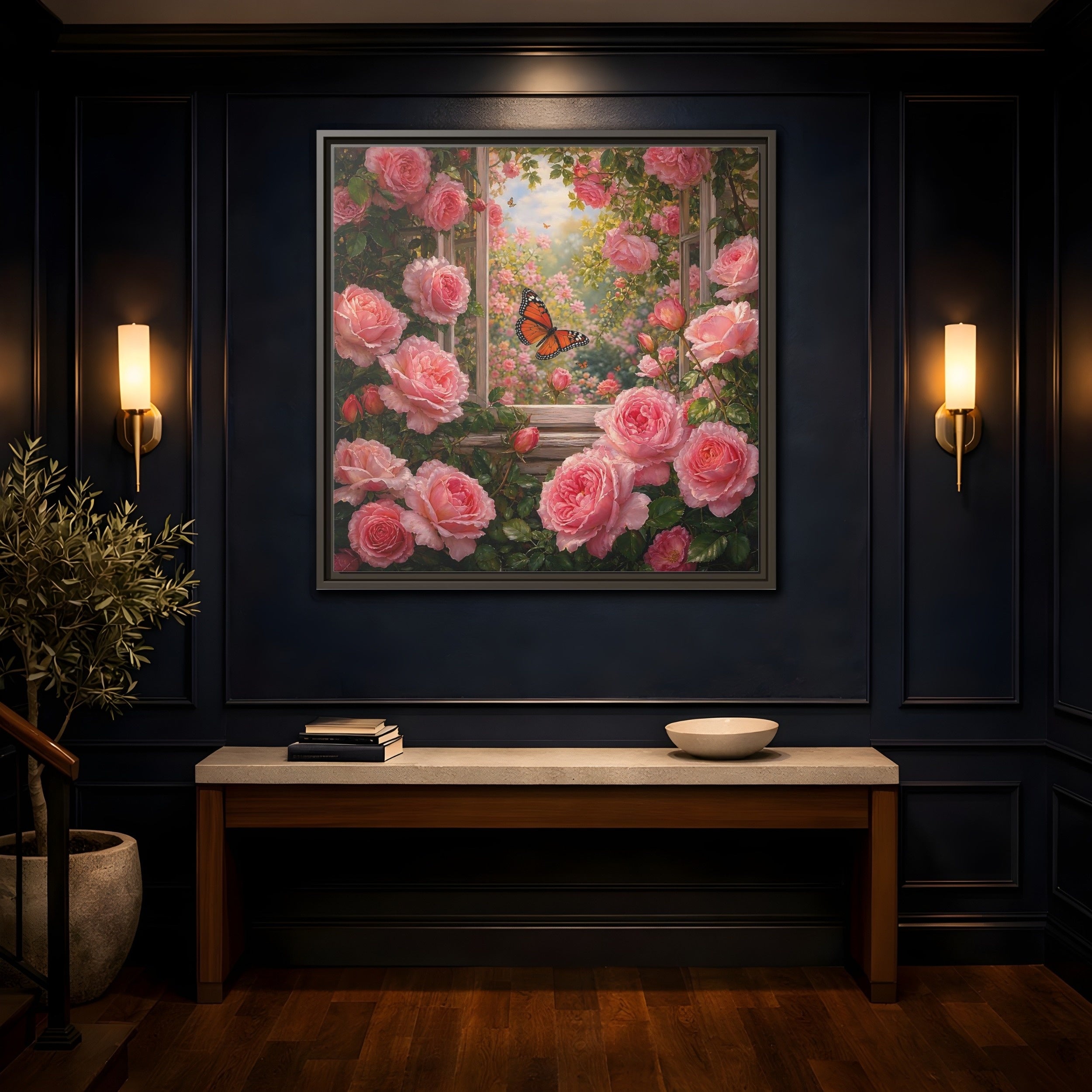 Mockup 4. Floral Pink Roses Pink Rose Garden shown as stretched canvas wall art