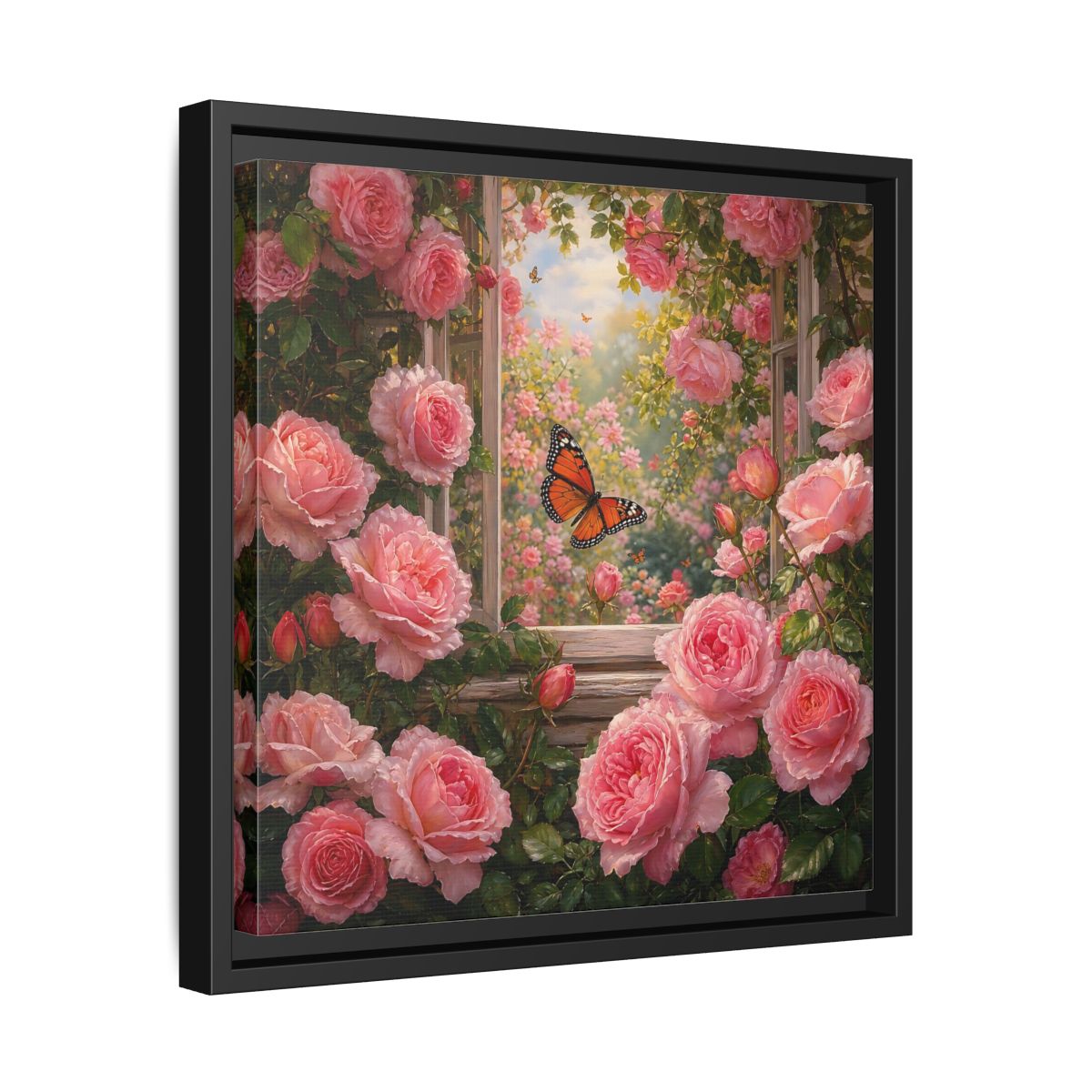 Side Mockup 32. Floral Pink Roses Pink Rose Garden shown as stretched canvas wall art