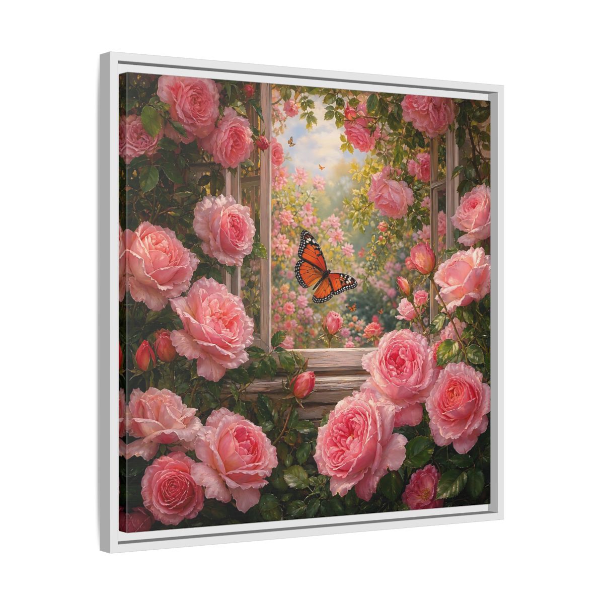 Side Mockup 26. Floral Pink Roses Pink Rose Garden shown as stretched canvas wall art