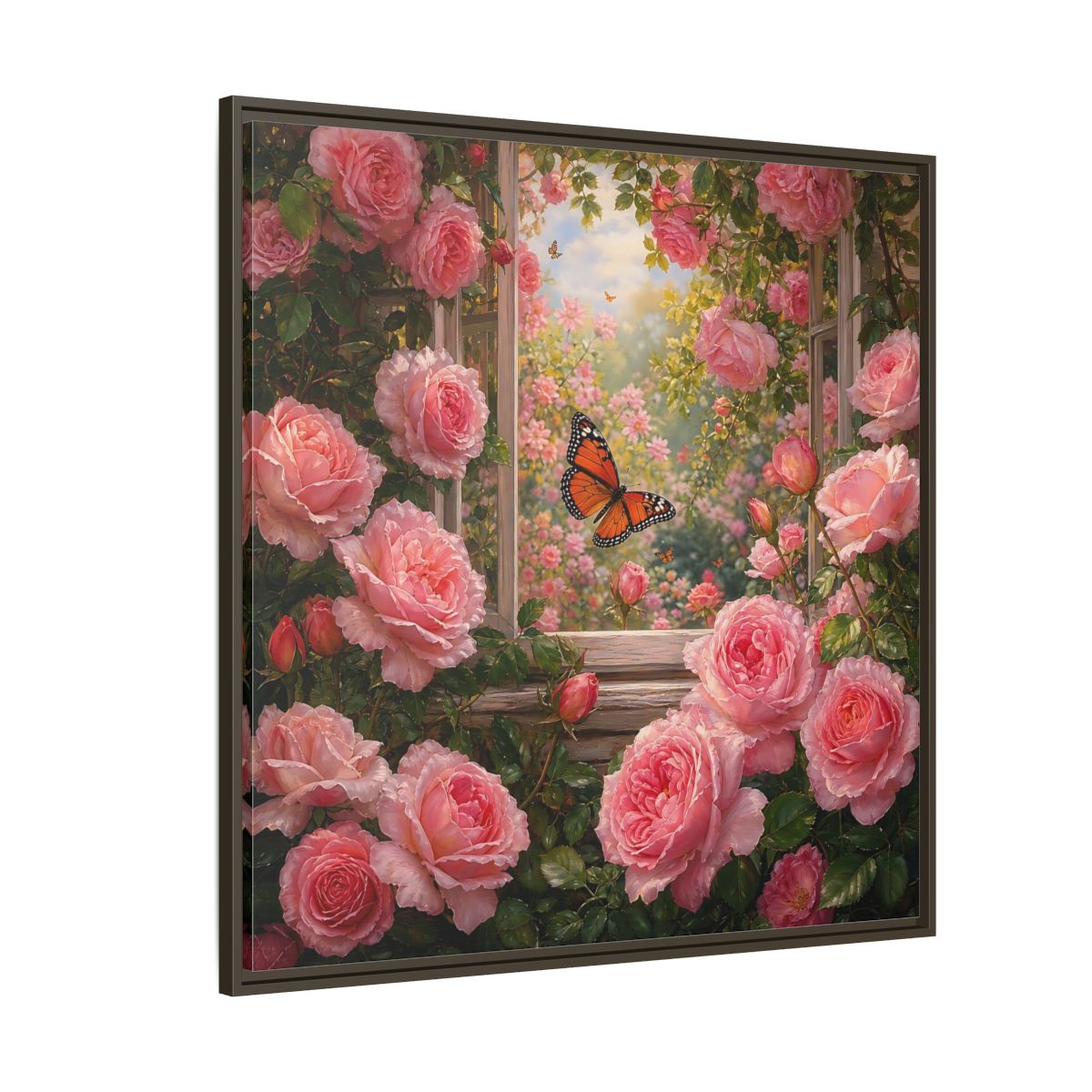 Side Mockup 5. Floral Pink Roses Pink Rose Garden shown as stretched canvas wall art