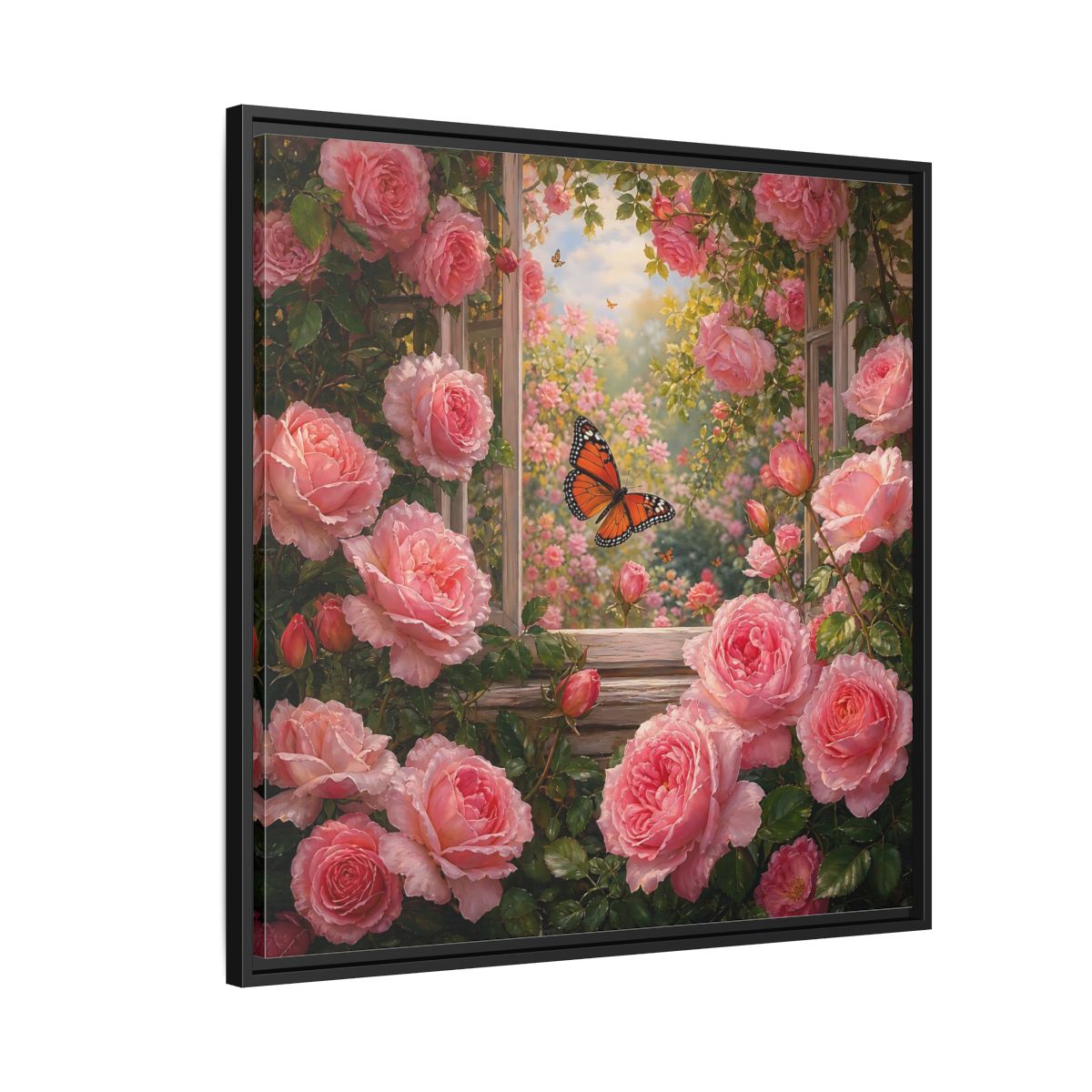 Side Mockup 9. Floral Pink Roses Pink Rose Garden shown as stretched canvas wall art