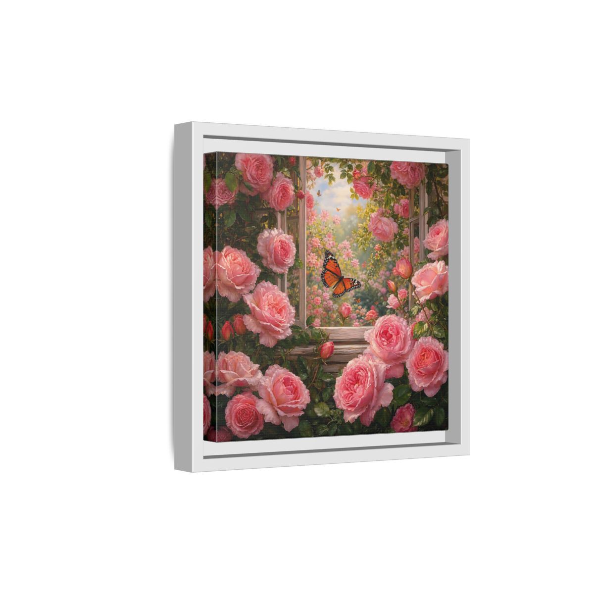 Side Mockup 19. Floral Pink Roses Pink Rose Garden shown as stretched canvas wall art