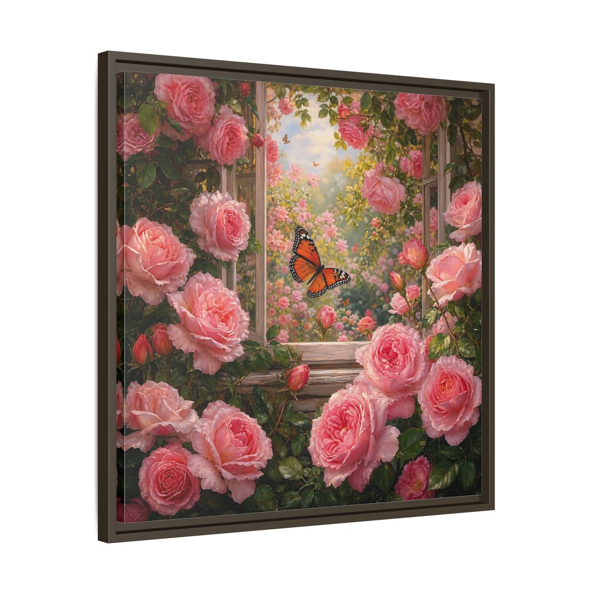 Side Mockup 27. Floral Pink Roses Pink Rose Garden shown as stretched canvas wall art