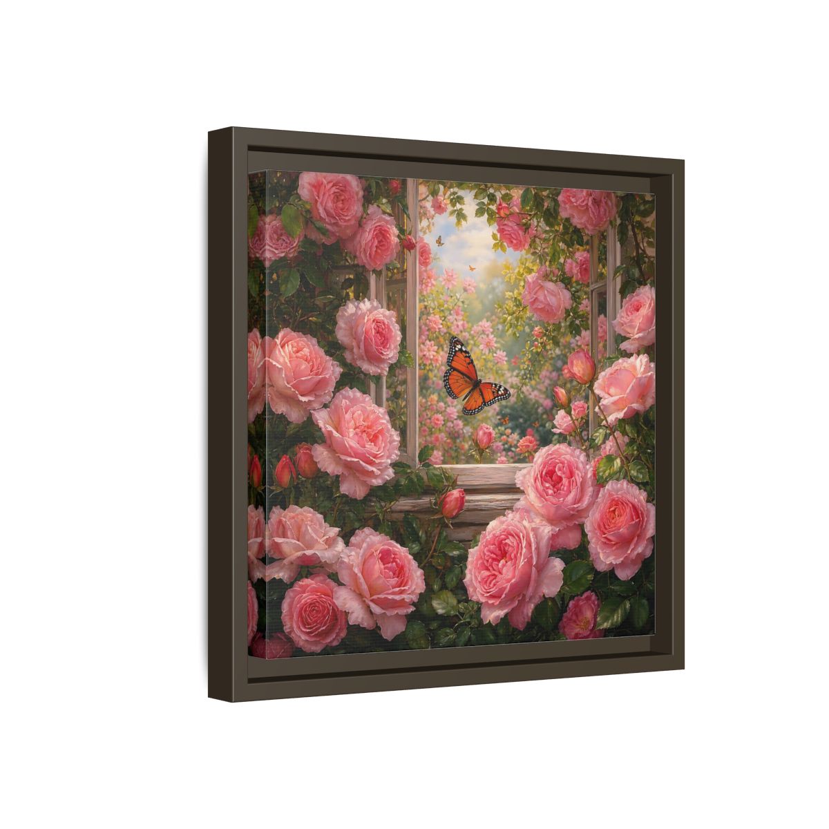 Side Mockup 17. Floral Pink Roses Pink Rose Garden shown as stretched canvas wall art