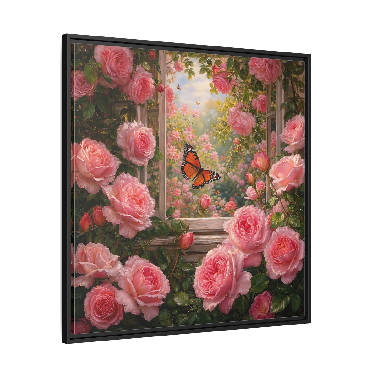 Side Mockup 30. Floral Pink Roses Pink Rose Garden shown as stretched canvas wall art