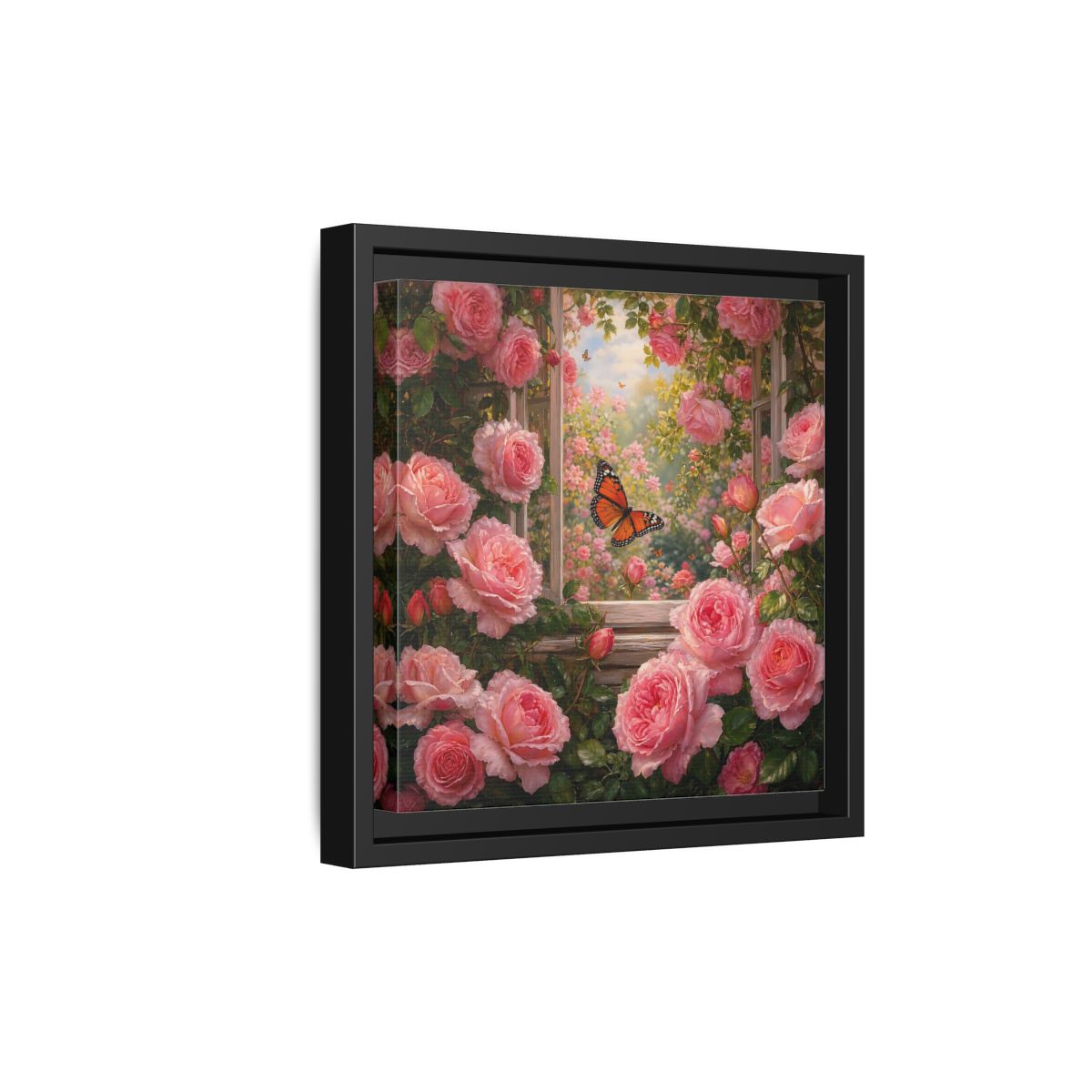 Side Mockup 21. Floral Pink Roses Pink Rose Garden shown as stretched canvas wall art
