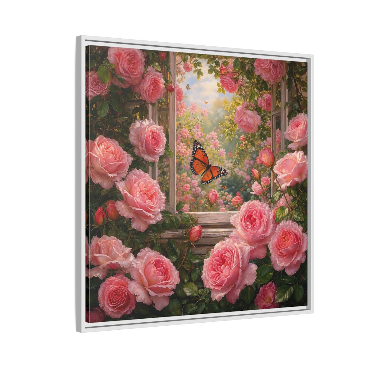 Side Mockup 7. Floral Pink Roses Pink Rose Garden shown as stretched canvas wall art