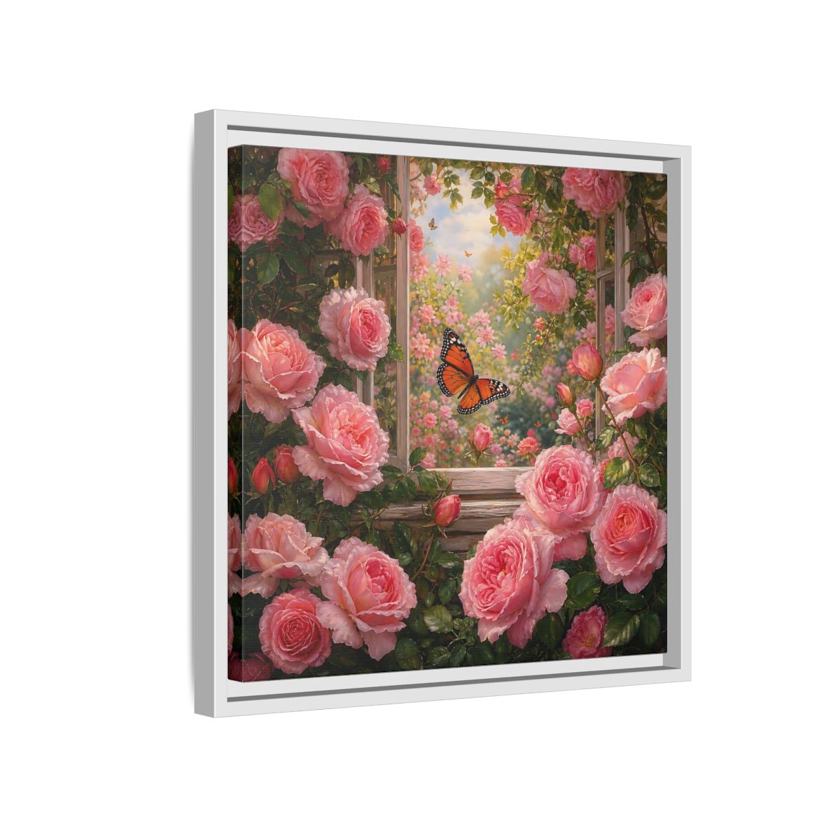Side Mockup 13. Floral Pink Roses Pink Rose Garden shown as stretched canvas wall art