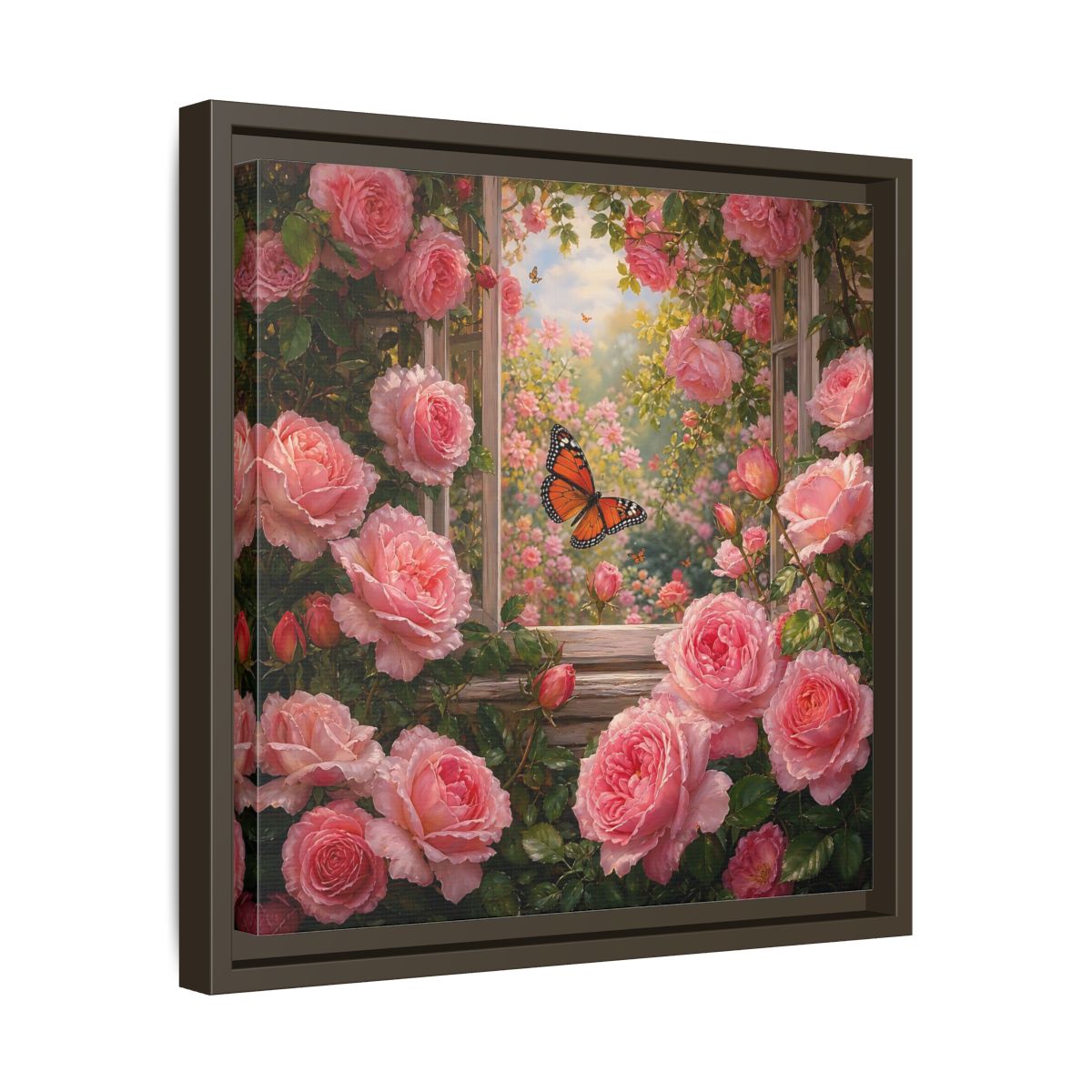 Side Mockup 29. Floral Pink Roses Pink Rose Garden shown as stretched canvas wall art