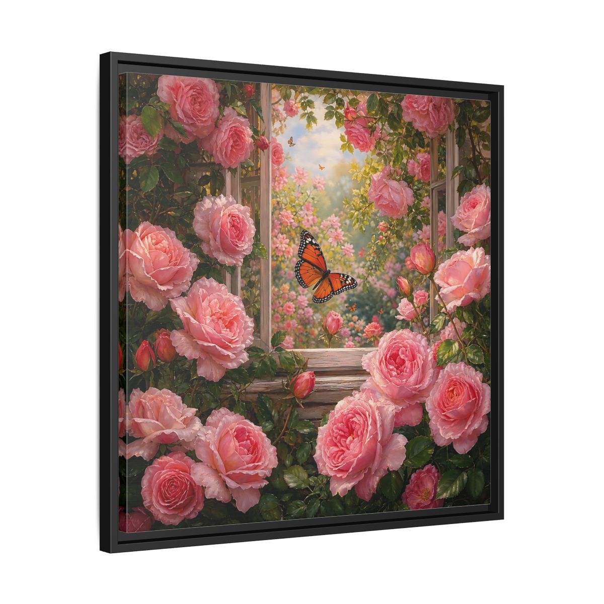Side Mockup 31. Floral Pink Roses Pink Rose Garden shown as stretched canvas wall art