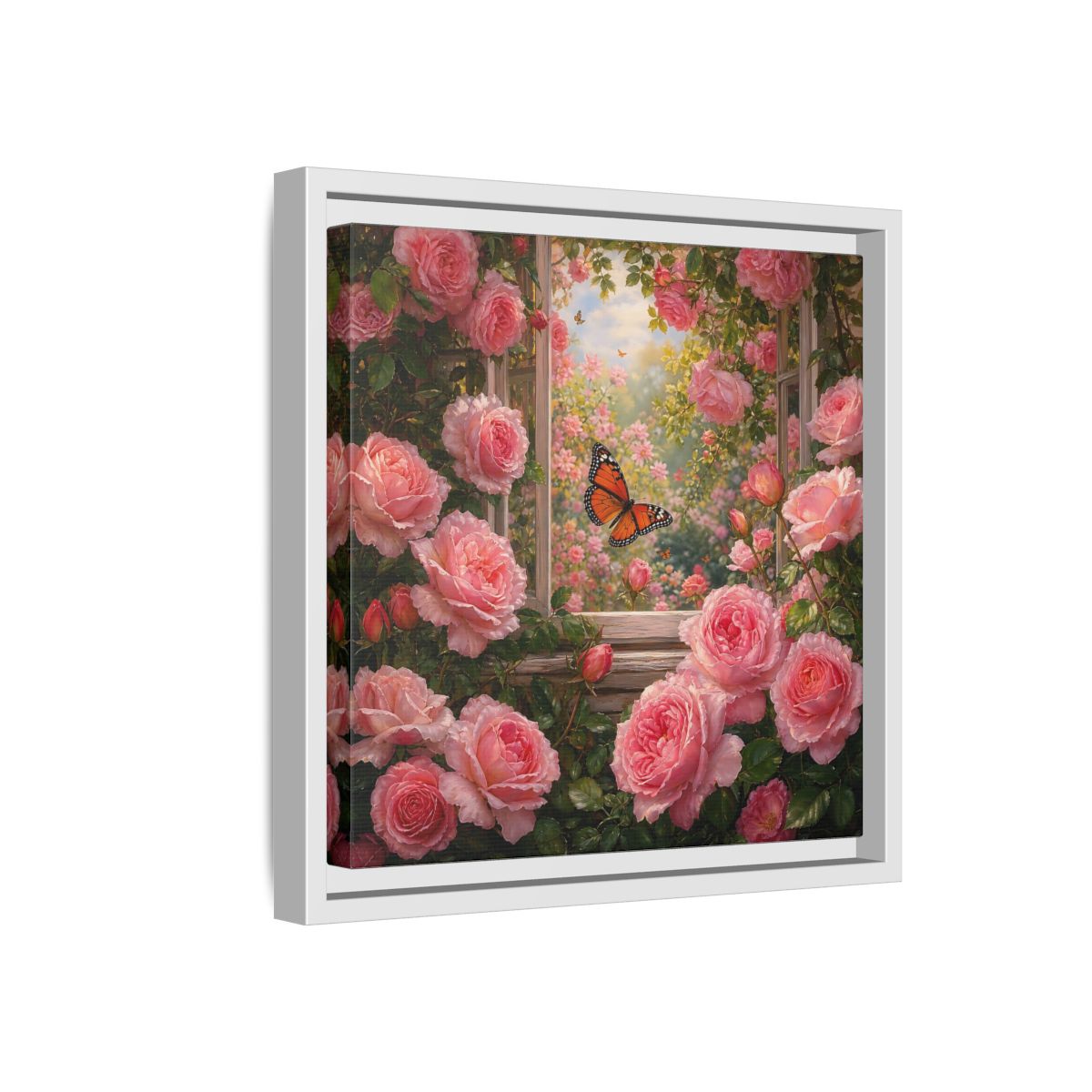 Side Mockup 16. Floral Pink Roses Pink Rose Garden shown as stretched canvas wall art