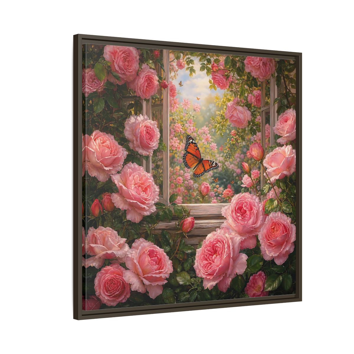 Side Mockup 8. Floral Pink Roses Pink Rose Garden shown as stretched canvas wall art