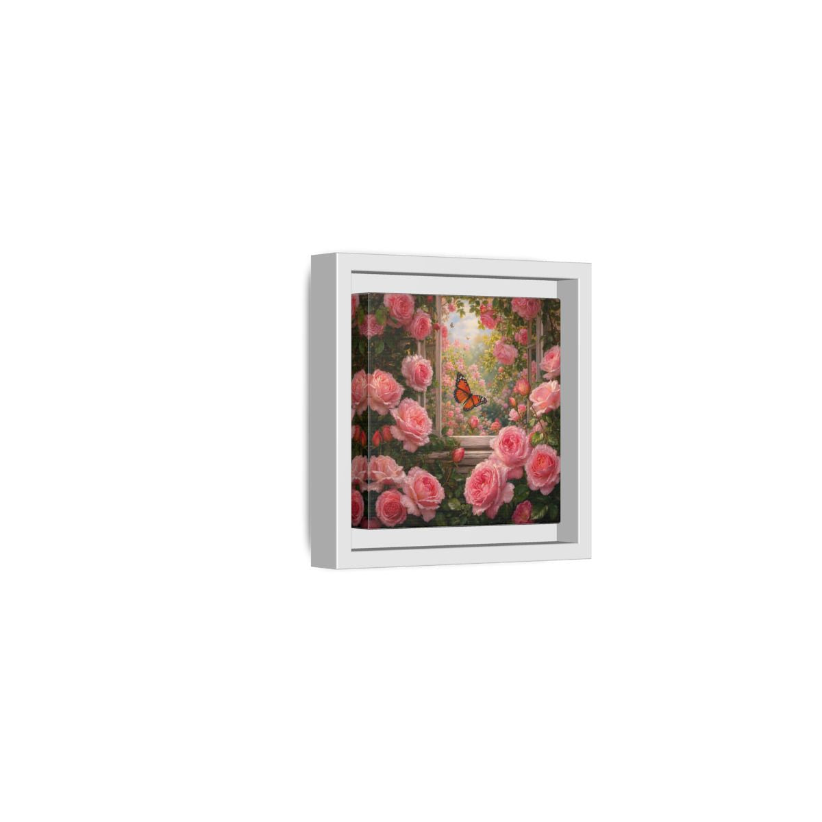 Side Mockup 22. Floral Pink Roses Pink Rose Garden shown as stretched canvas wall art