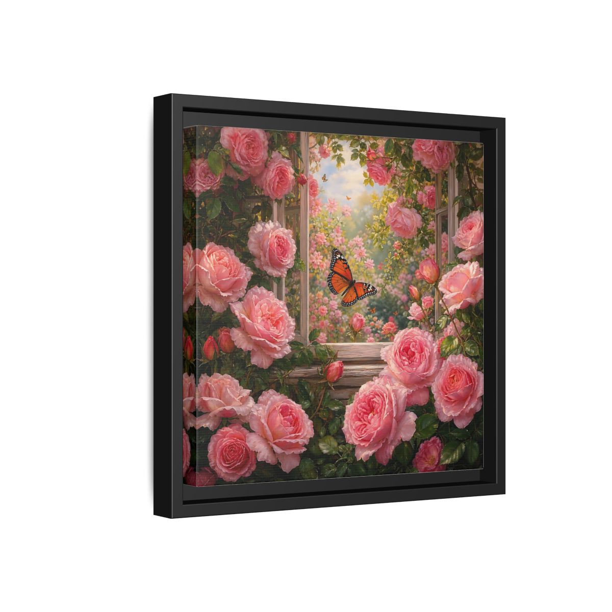 Side Mockup 18. Floral Pink Roses Pink Rose Garden shown as stretched canvas wall art