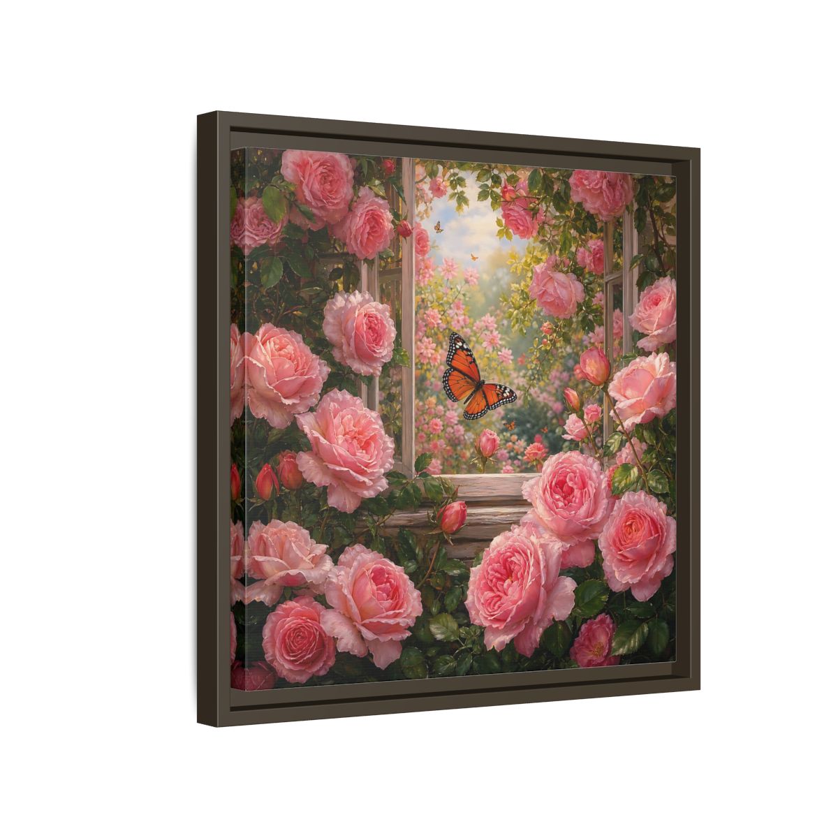 Side Mockup 14. Floral Pink Roses Pink Rose Garden shown as stretched canvas wall art