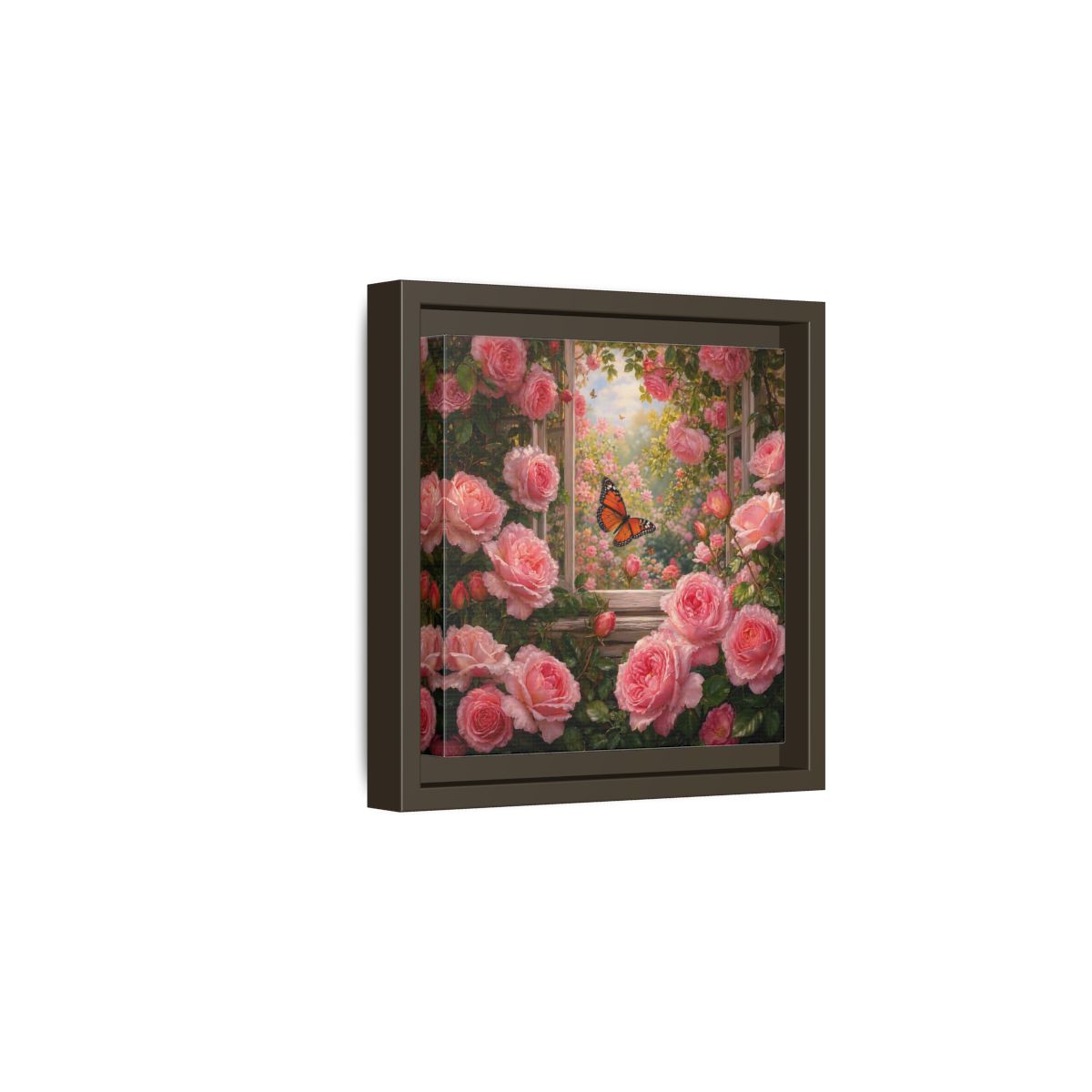 Side Mockup 2. Floral Pink Roses Pink Rose Garden shown as stretched canvas wall art