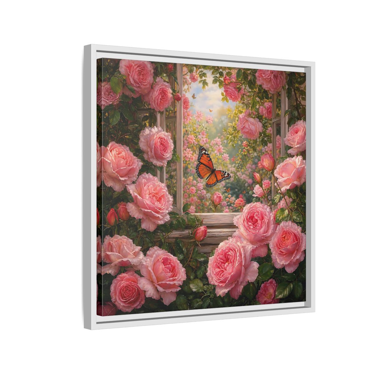 Side Mockup 10. Floral Pink Roses Pink Rose Garden shown as stretched canvas wall art