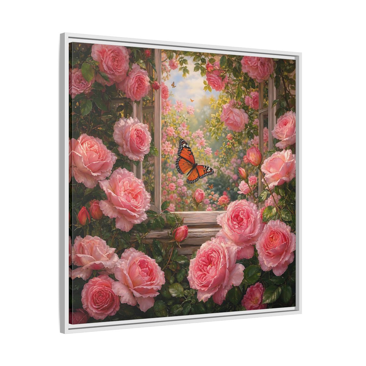 Side Mockup 25. Floral Pink Roses Pink Rose Garden shown as stretched canvas wall art