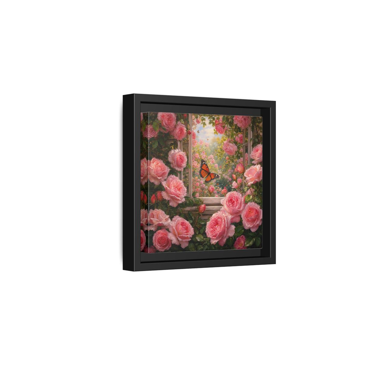 Side Mockup 3. Floral Pink Roses Pink Rose Garden shown as stretched canvas wall art