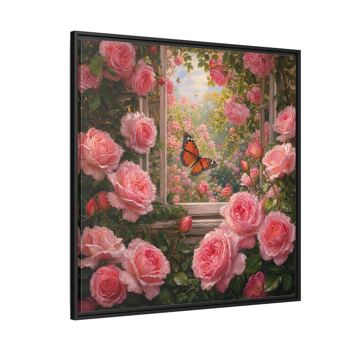 Side Mockup 6. Floral Pink Roses Pink Rose Garden shown as stretched canvas wall art