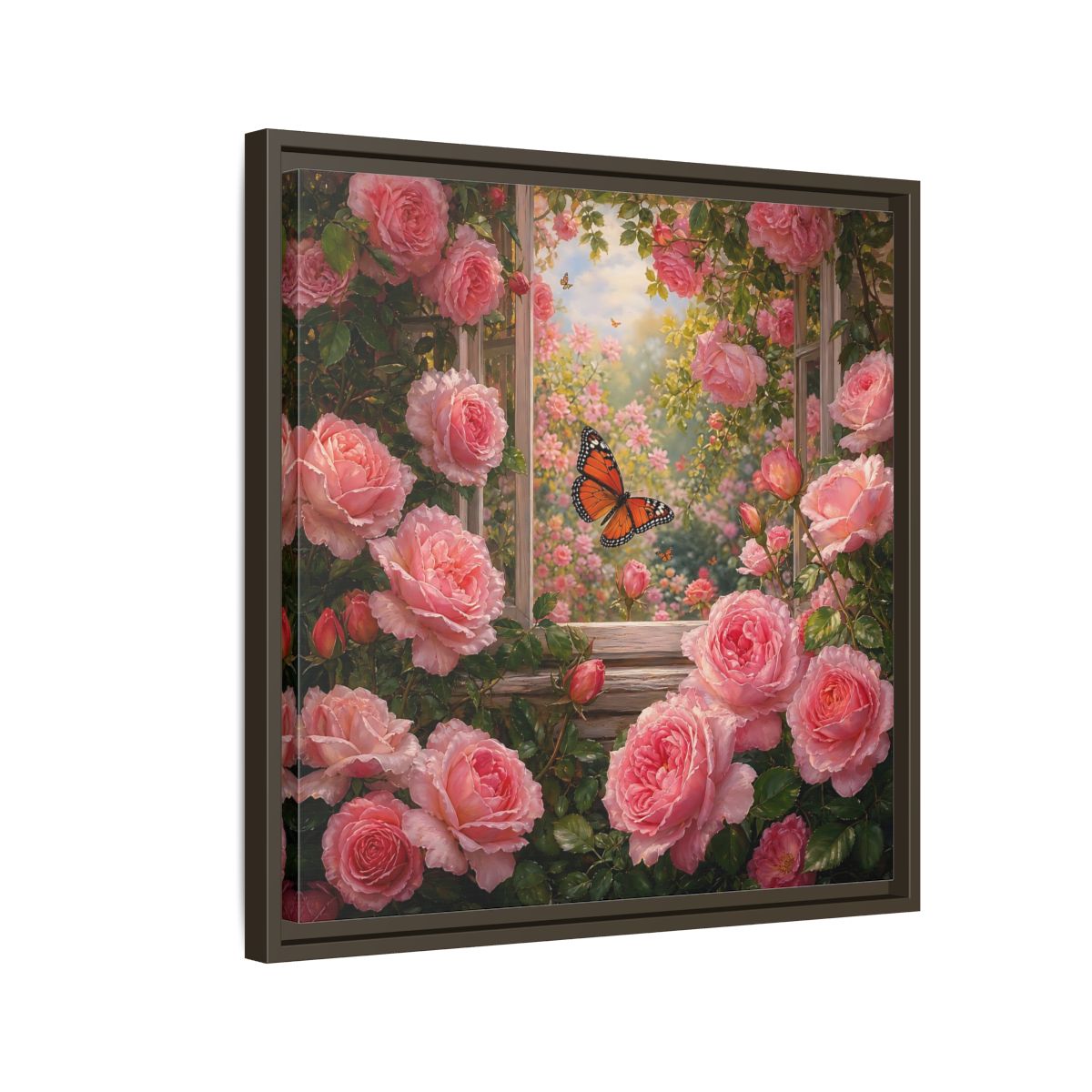 Side Mockup 11. Floral Pink Roses Pink Rose Garden shown as stretched canvas wall art