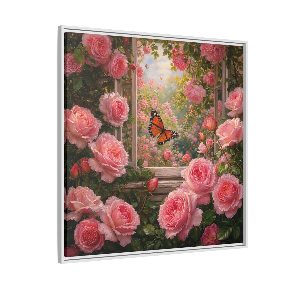 Side Mockup 4. Floral Pink Roses Pink Rose Garden shown as stretched canvas wall art