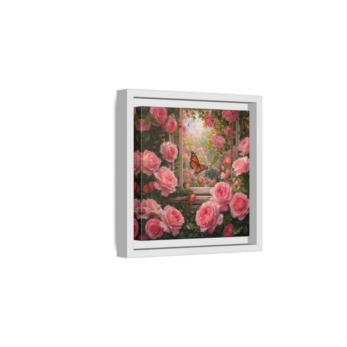 Side Mockup 1. Floral Pink Roses Pink Rose Garden shown as stretched canvas wall art