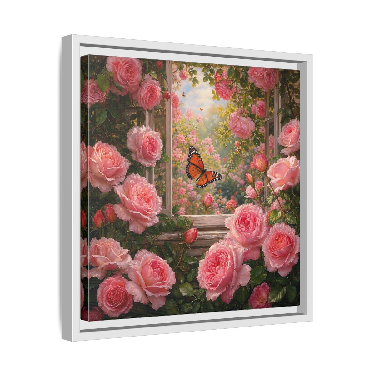 Side Mockup 28. Floral Pink Roses Pink Rose Garden shown as stretched canvas wall art