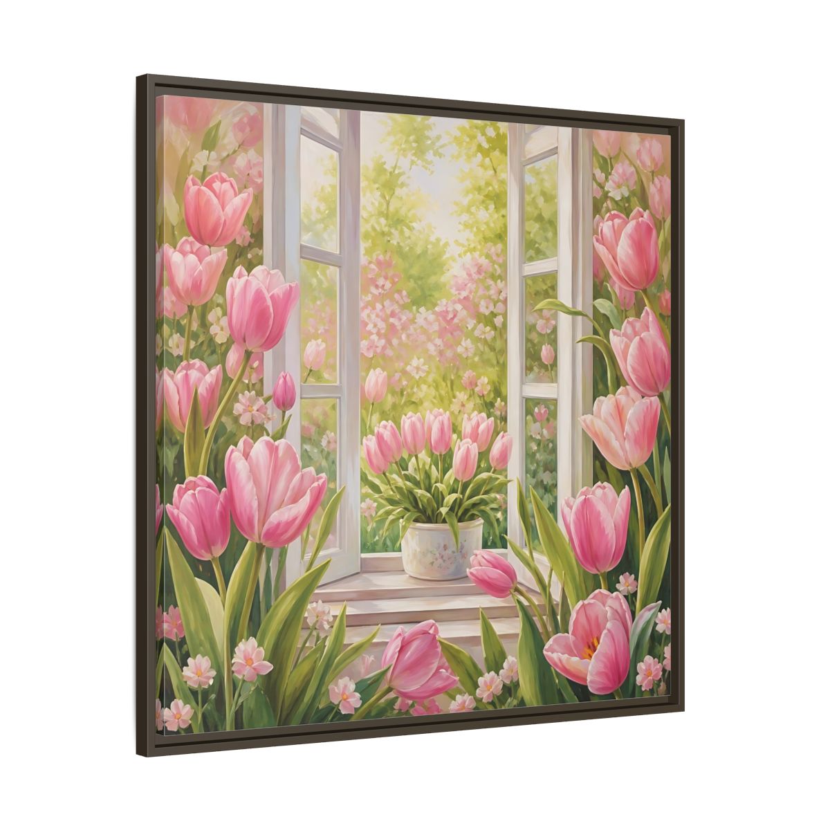 Main Mockup. Floral Pink Tulips Pink Floral Scene shown as stretched canvas wall art