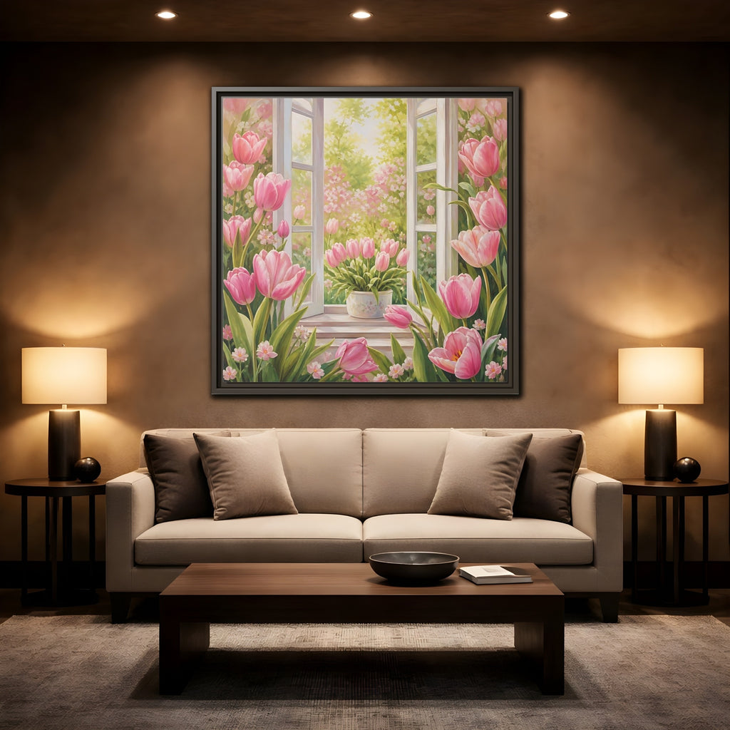 Mockup 2. Floral Pink Tulips Pink Floral Scene shown as stretched canvas wall art