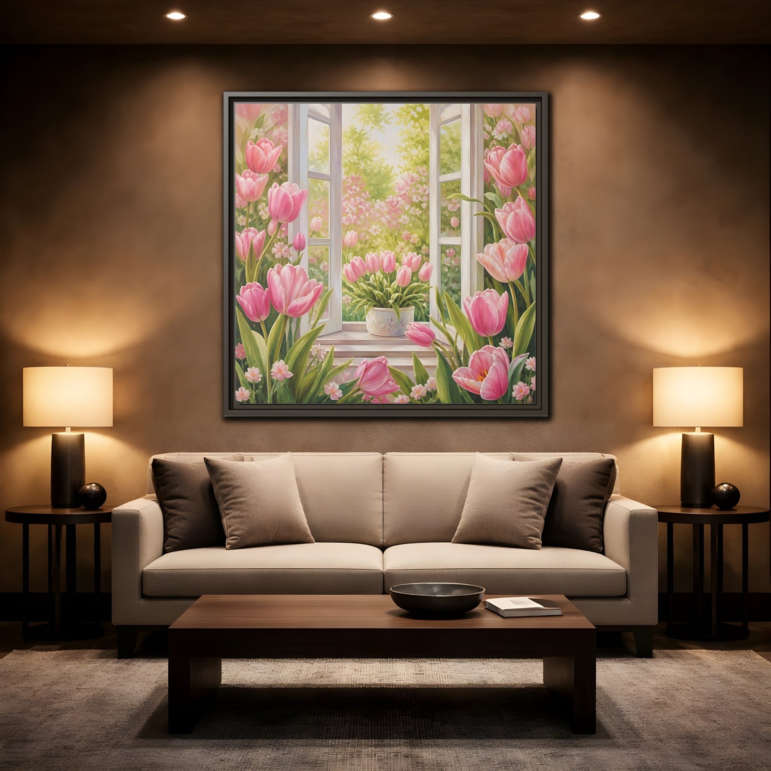 Mockup 2. Floral Pink Tulips Pink Floral Scene shown as stretched canvas wall art