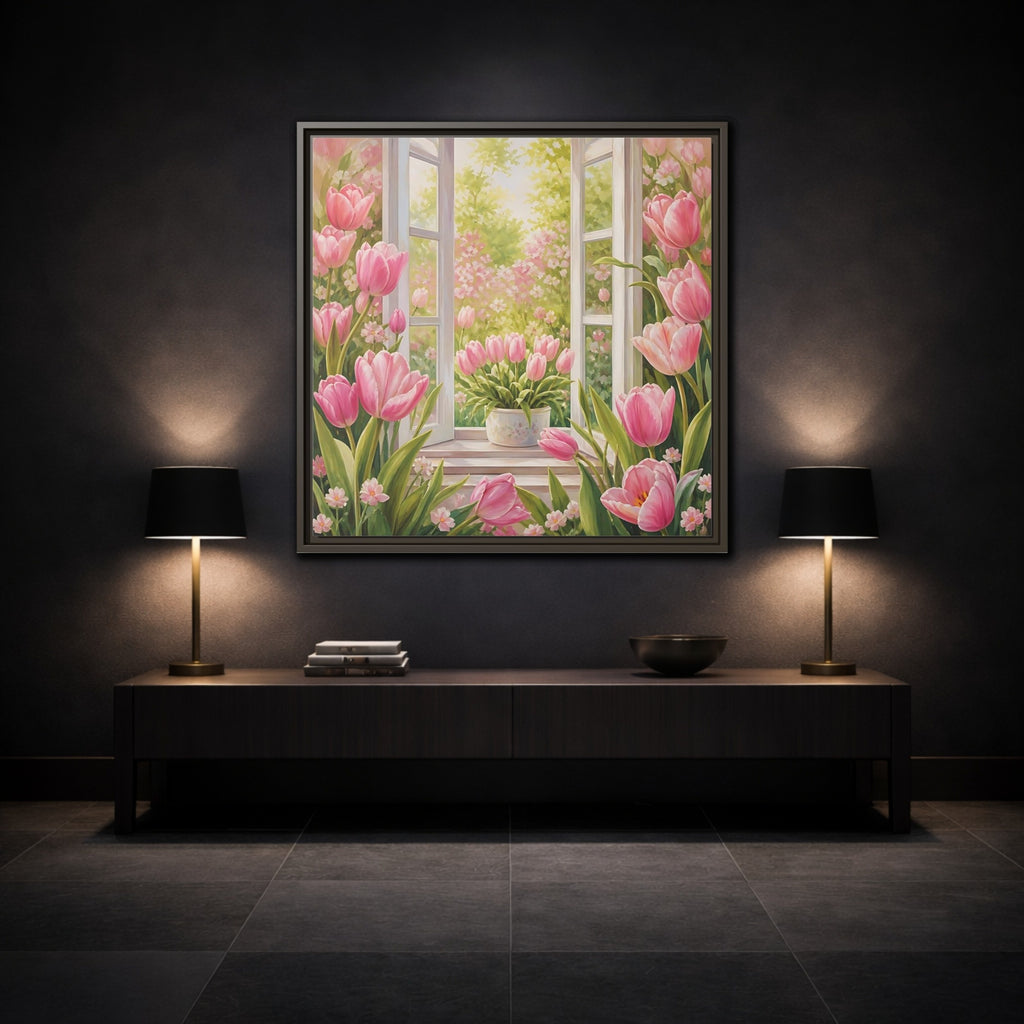 Mockup 3. Floral Pink Tulips Pink Floral Scene shown as stretched canvas wall art