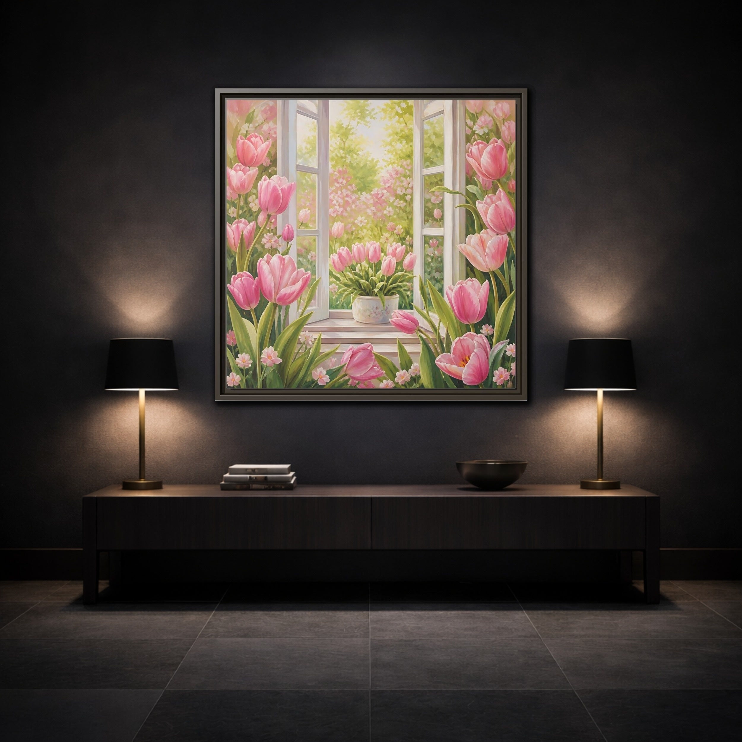 Mockup 3. Floral Pink Tulips Pink Floral Scene shown as stretched canvas wall art
