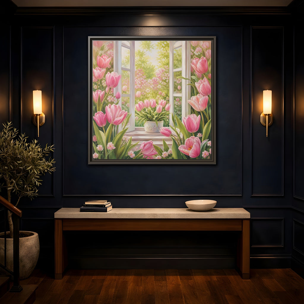 Mockup 4. Floral Pink Tulips Pink Floral Scene shown as stretched canvas wall art