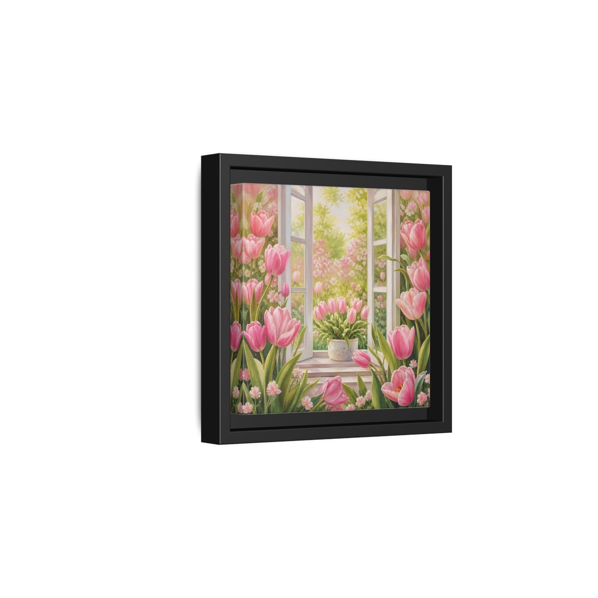 Side Mockup 3. Floral Pink Tulips Pink Floral Scene shown as stretched canvas wall art