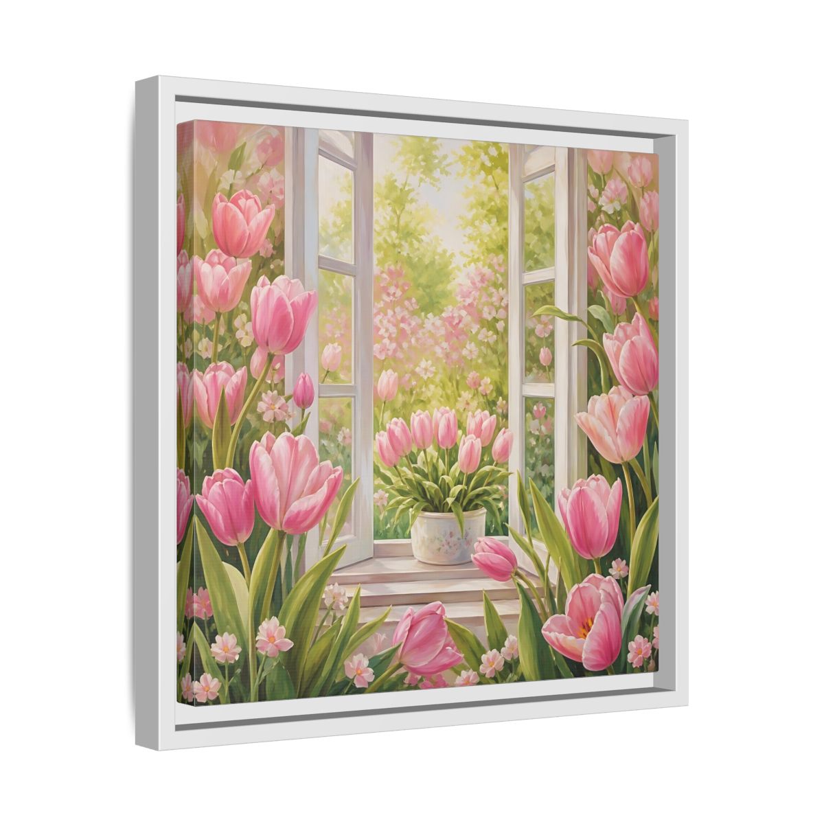 Side Mockup 28. Floral Pink Tulips Pink Floral Scene shown as stretched canvas wall art