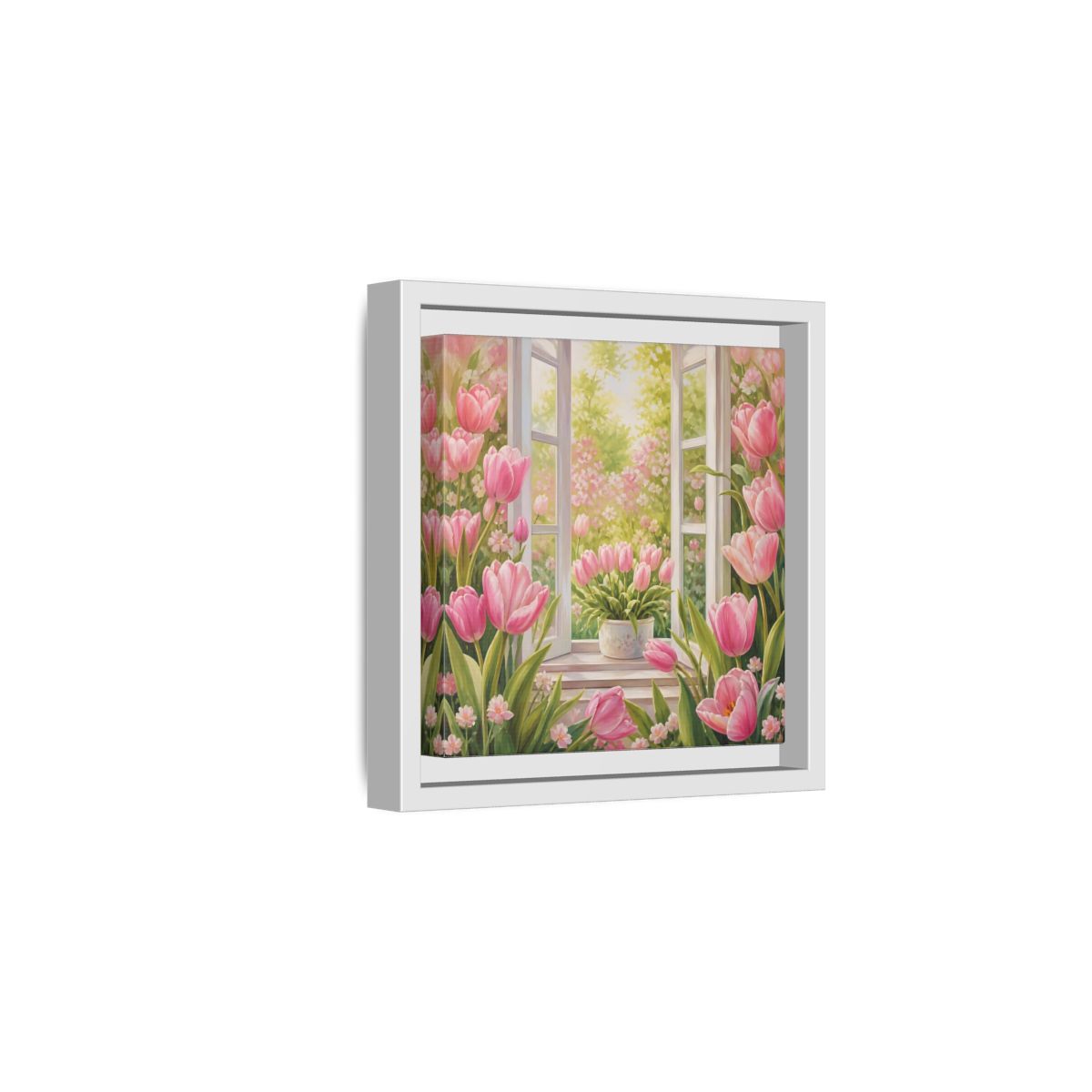 Side Mockup 1. Floral Pink Tulips Pink Floral Scene shown as stretched canvas wall art