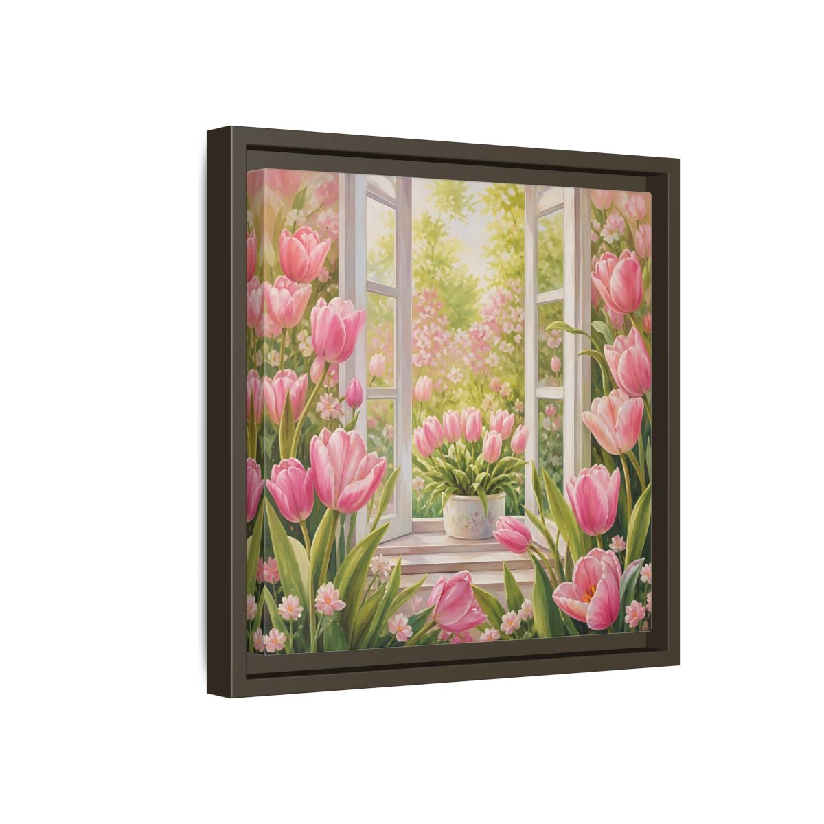 Side Mockup 17. Floral Pink Tulips Pink Floral Scene shown as stretched canvas wall art