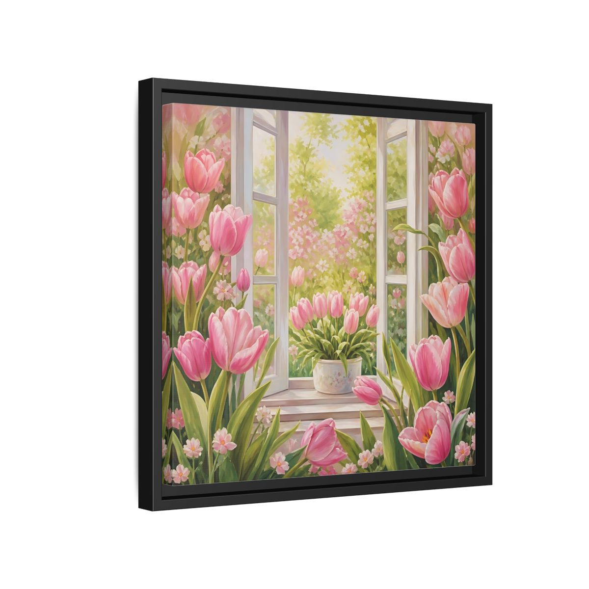 Side Mockup 15. Floral Pink Tulips Pink Floral Scene shown as stretched canvas wall art