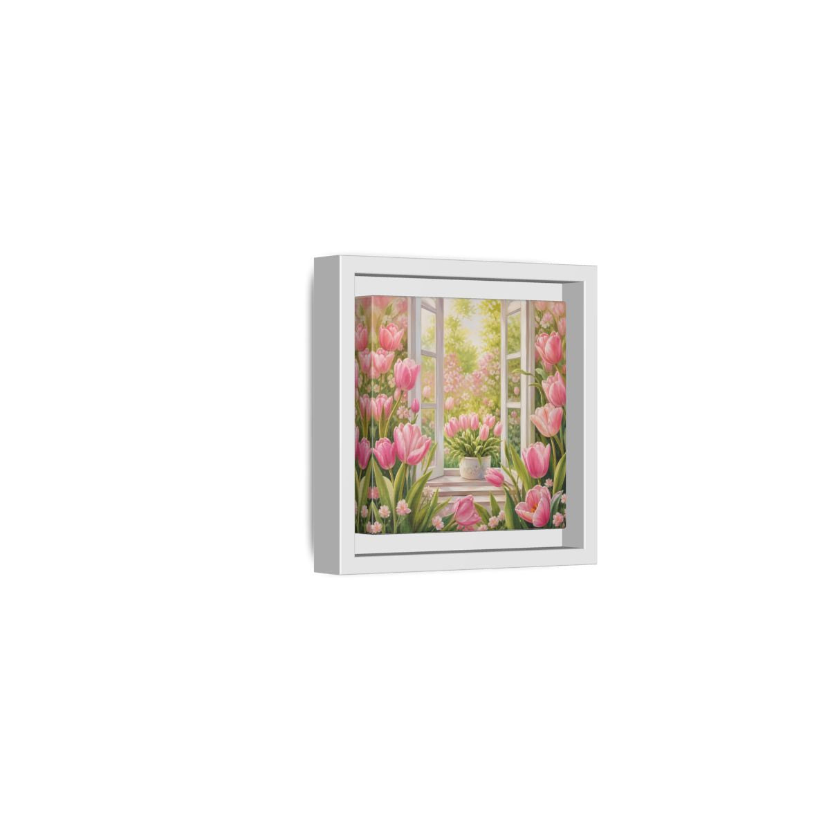 Side Mockup 22. Floral Pink Tulips Pink Floral Scene shown as stretched canvas wall art
