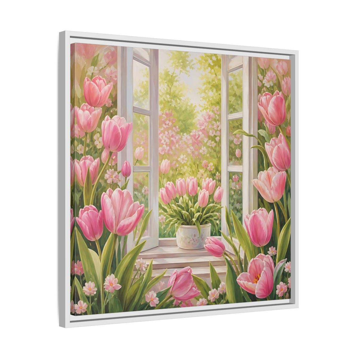Side Mockup 26. Floral Pink Tulips Pink Floral Scene shown as stretched canvas wall art