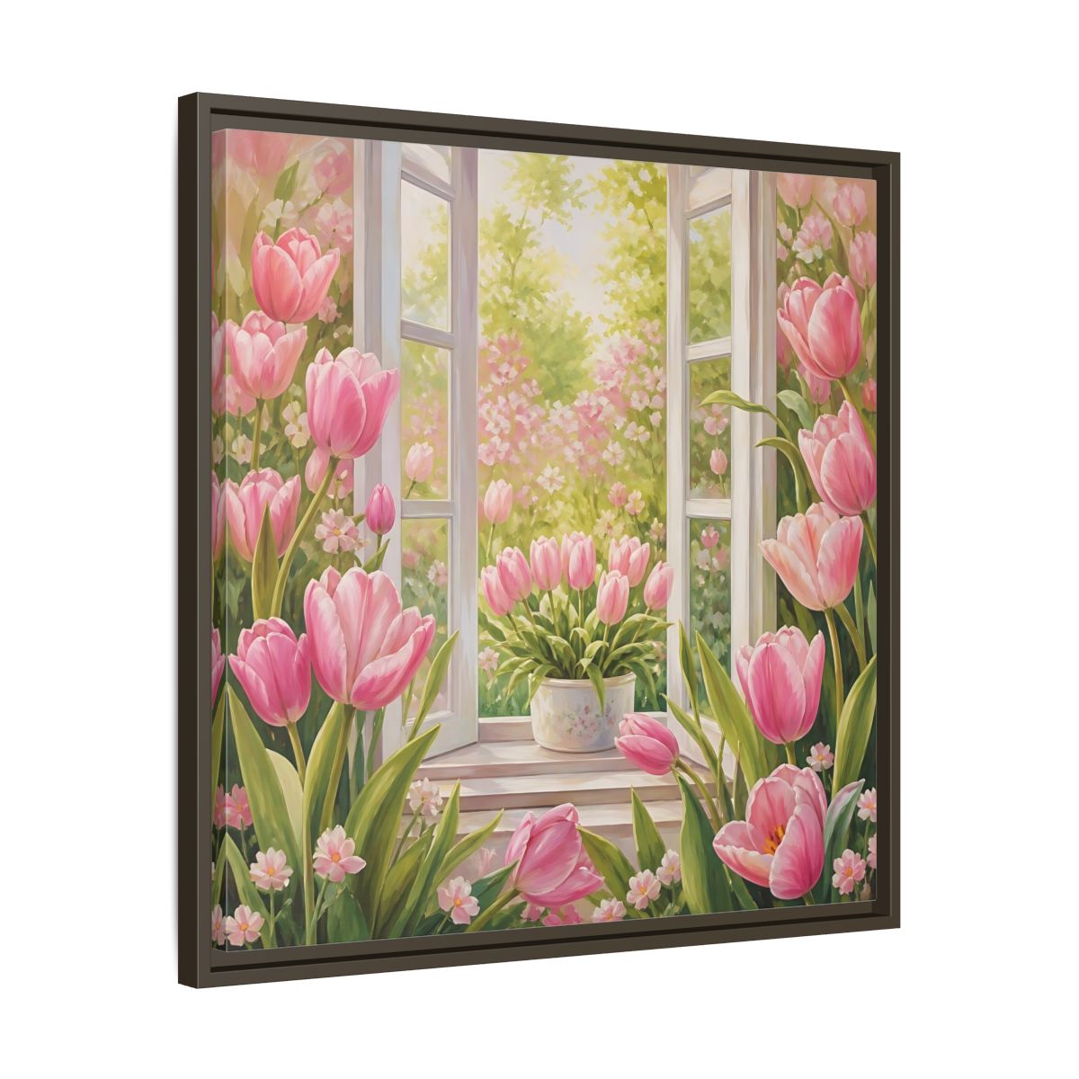 Side Mockup 27. Floral Pink Tulips Pink Floral Scene shown as stretched canvas wall art