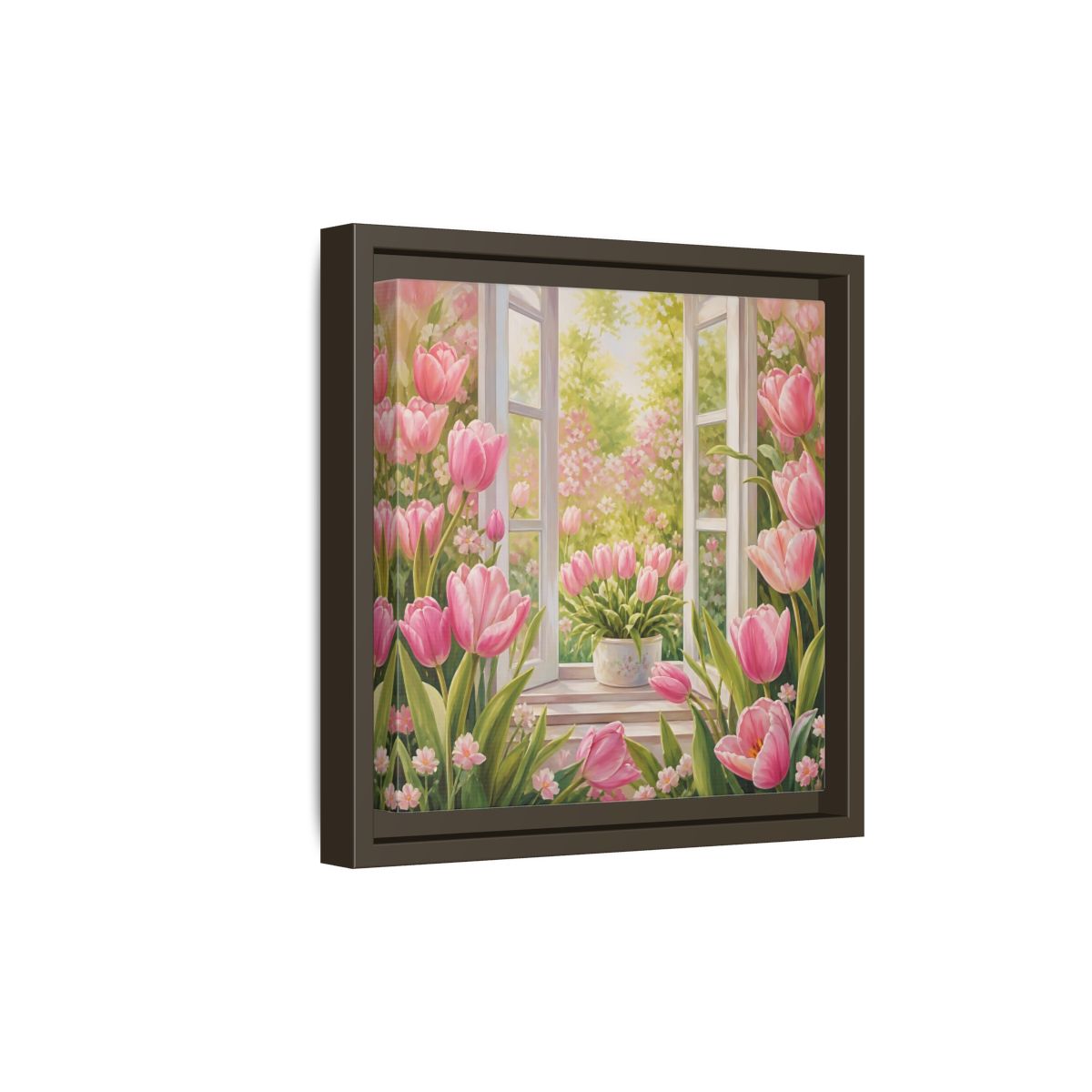 Side Mockup 20. Floral Pink Tulips Pink Floral Scene shown as stretched canvas wall art