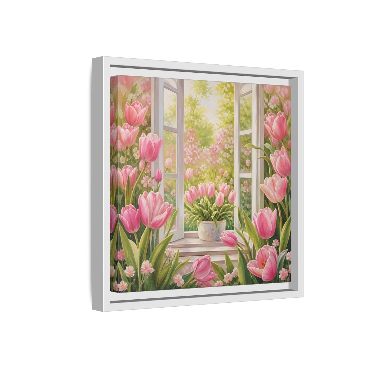 Side Mockup 16. Floral Pink Tulips Pink Floral Scene shown as stretched canvas wall art