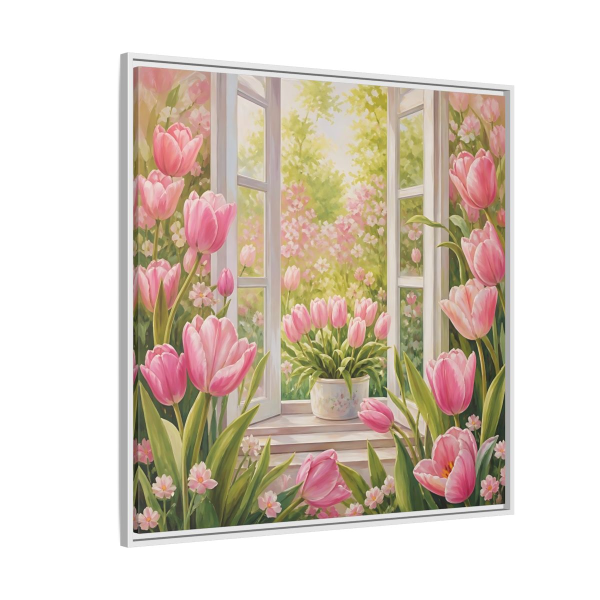 Side Mockup 4. Floral Pink Tulips Pink Floral Scene shown as stretched canvas wall art