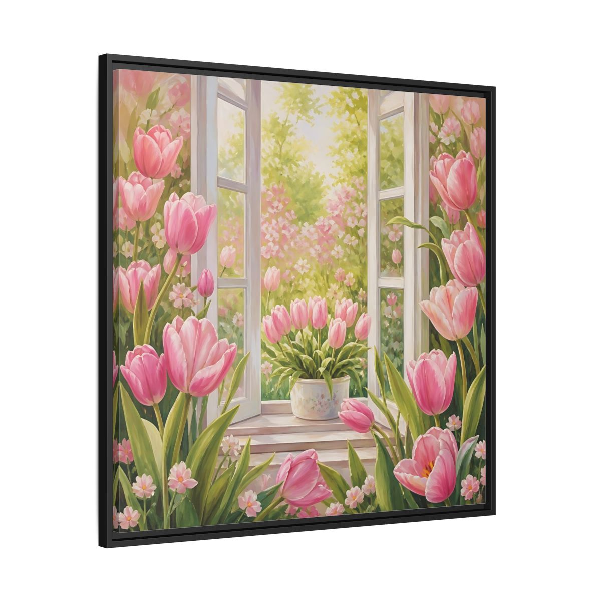 Side Mockup 30. Floral Pink Tulips Pink Floral Scene shown as stretched canvas wall art