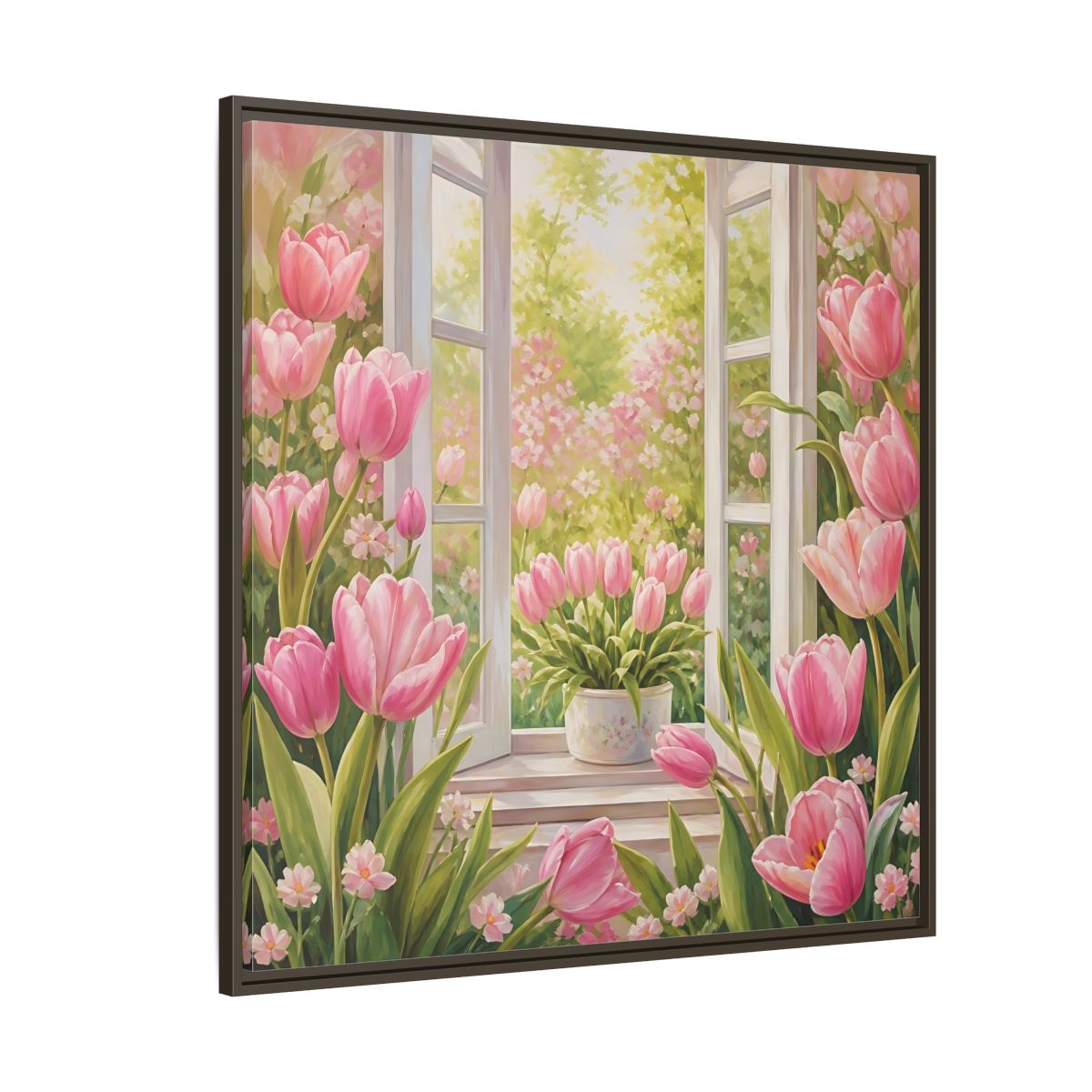 Side Mockup 5. Floral Pink Tulips Pink Floral Scene shown as stretched canvas wall art