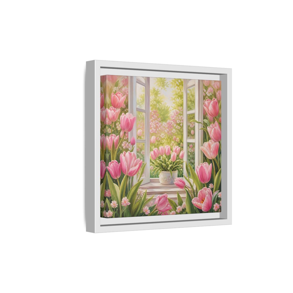 Side Mockup 19. Floral Pink Tulips Pink Floral Scene shown as stretched canvas wall art