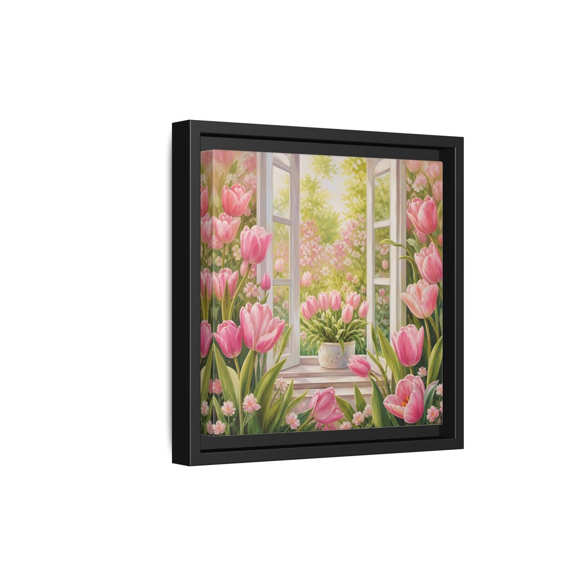 Side Mockup 21. Floral Pink Tulips Pink Floral Scene shown as stretched canvas wall art